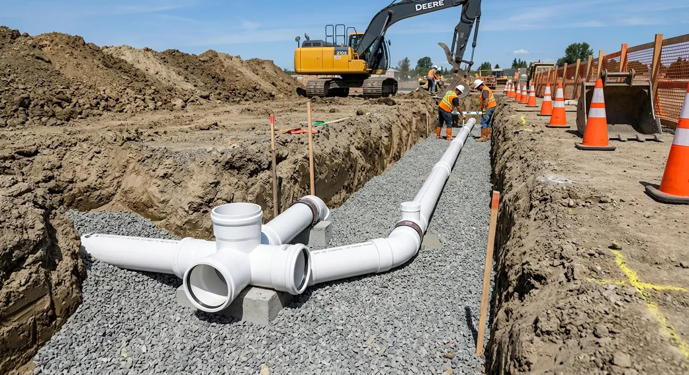 New PVC sewer pipe installation in open trench for Sewer Backup in Sulphur Springs
