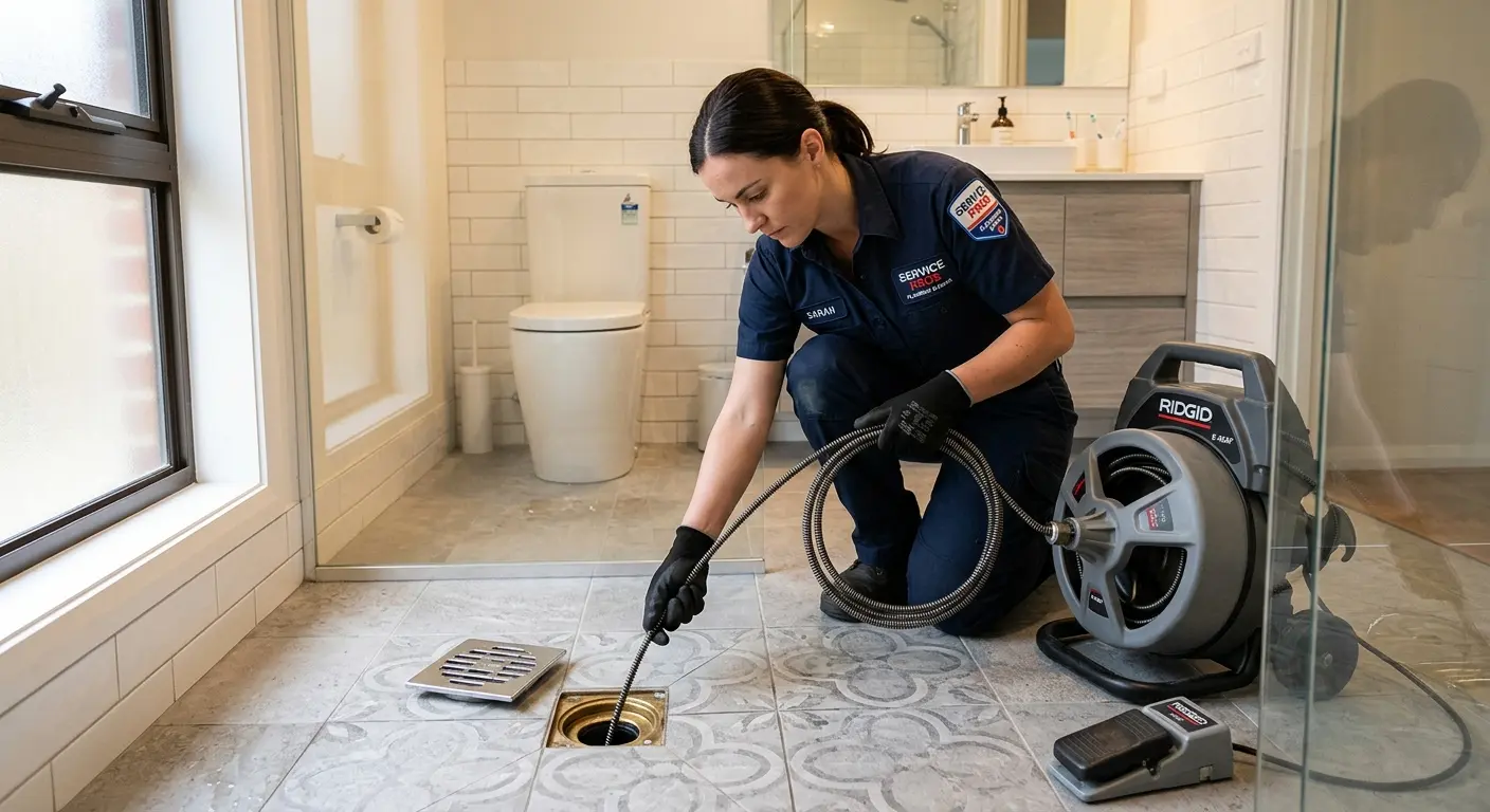 Technician clearing a bathroom floor drain for Drain Repair in Sulphur Springs